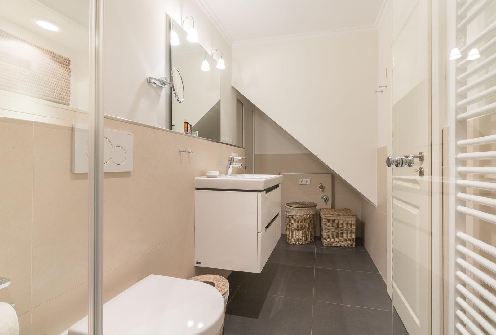 Bathroom with sink, mirror and shower under sloped ceiling