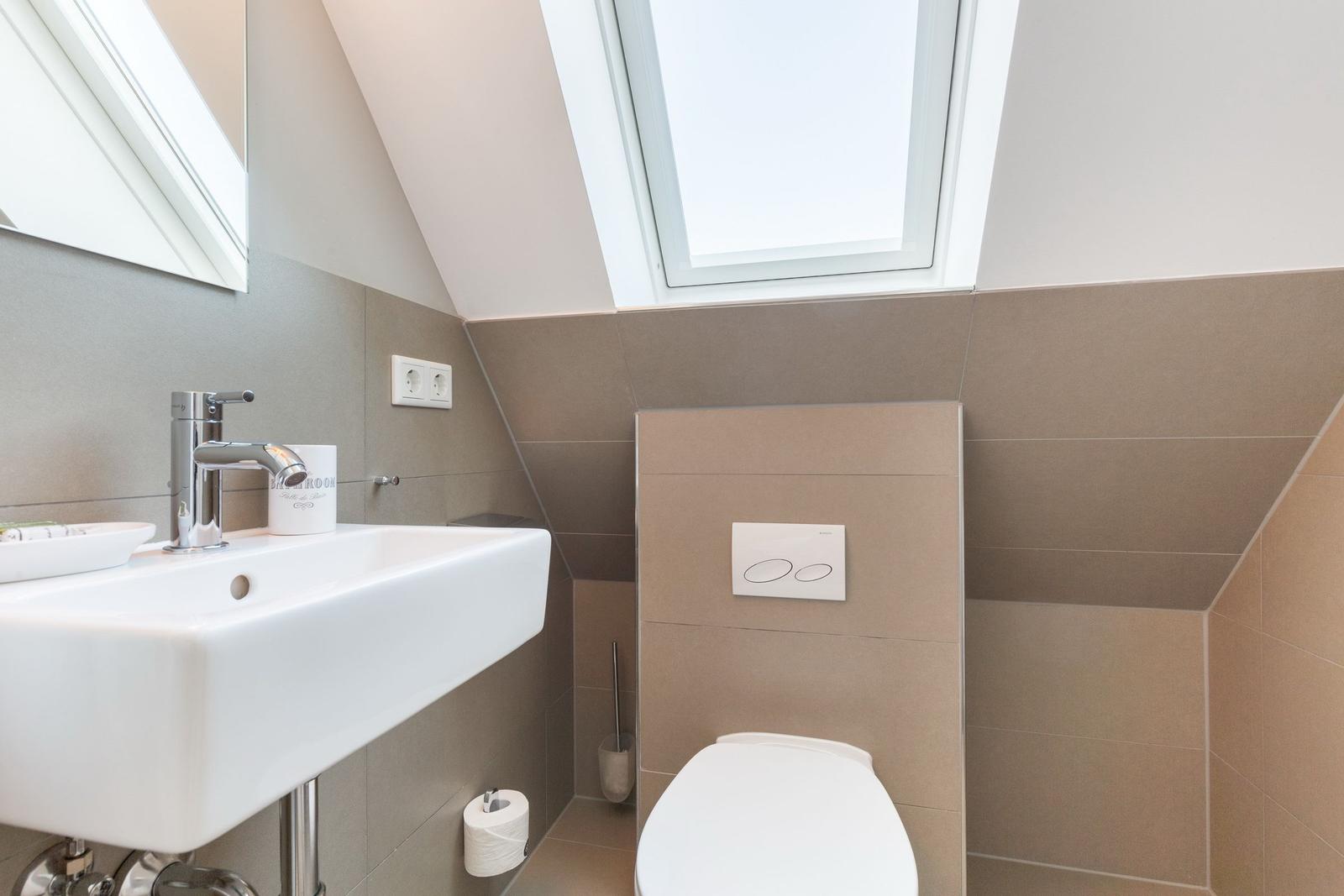 Badezimmer mit Waschbecken, Toilette und Dachfenster.