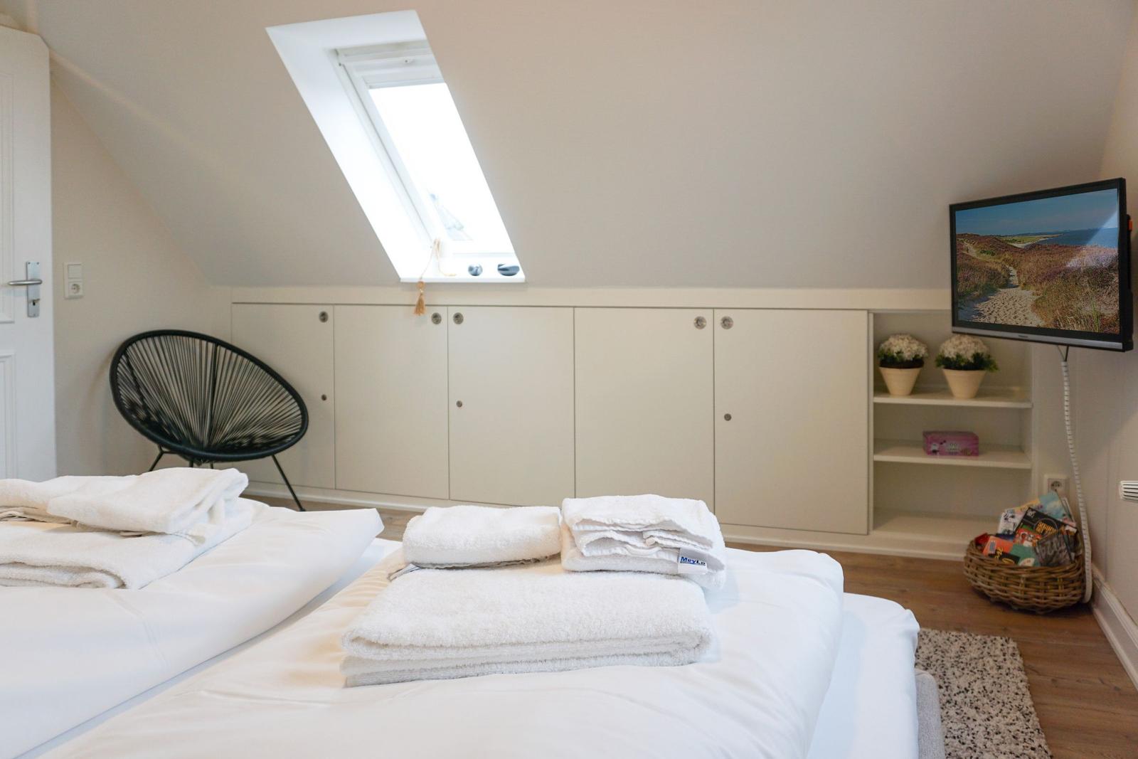 Bedroom with sloped ceiling, skylight, bed, and TV.