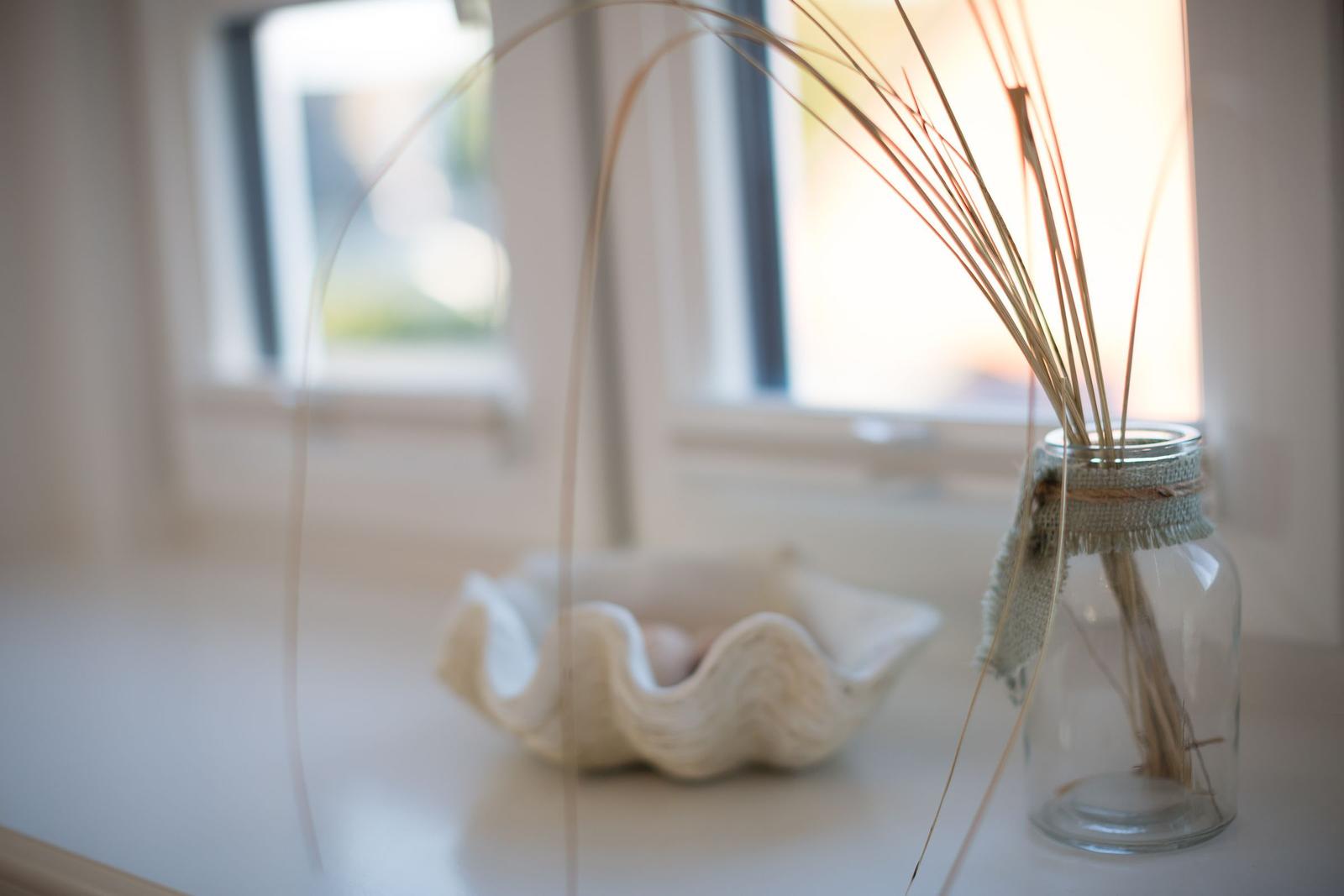 On the windowsill, a glass vase with dried plants and a shell as decoration.