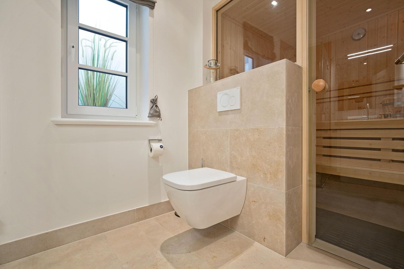 Bathroom with toilet and sauna in the background.