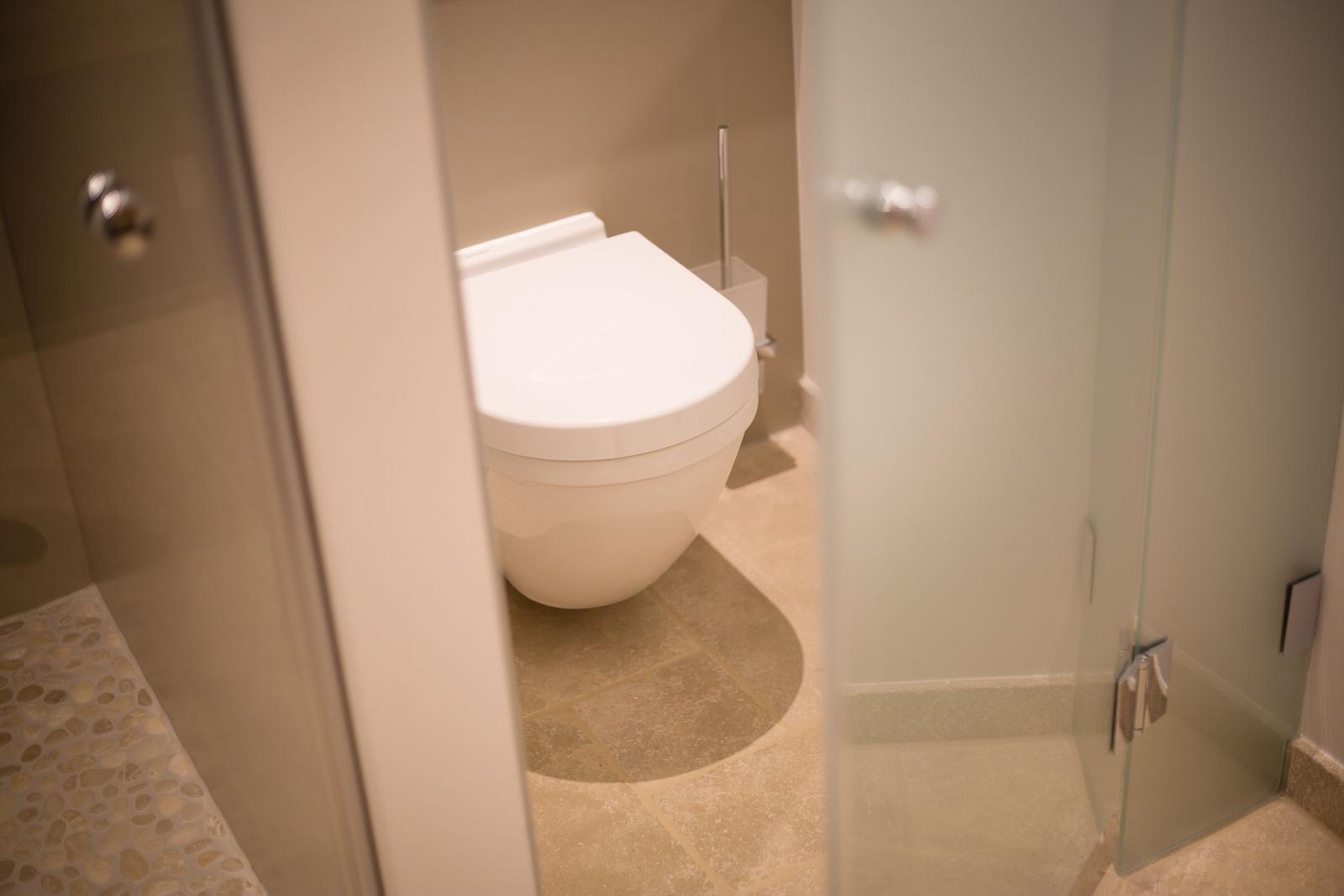 Toilette mit Glasabtrennung und Steinfliesenboden