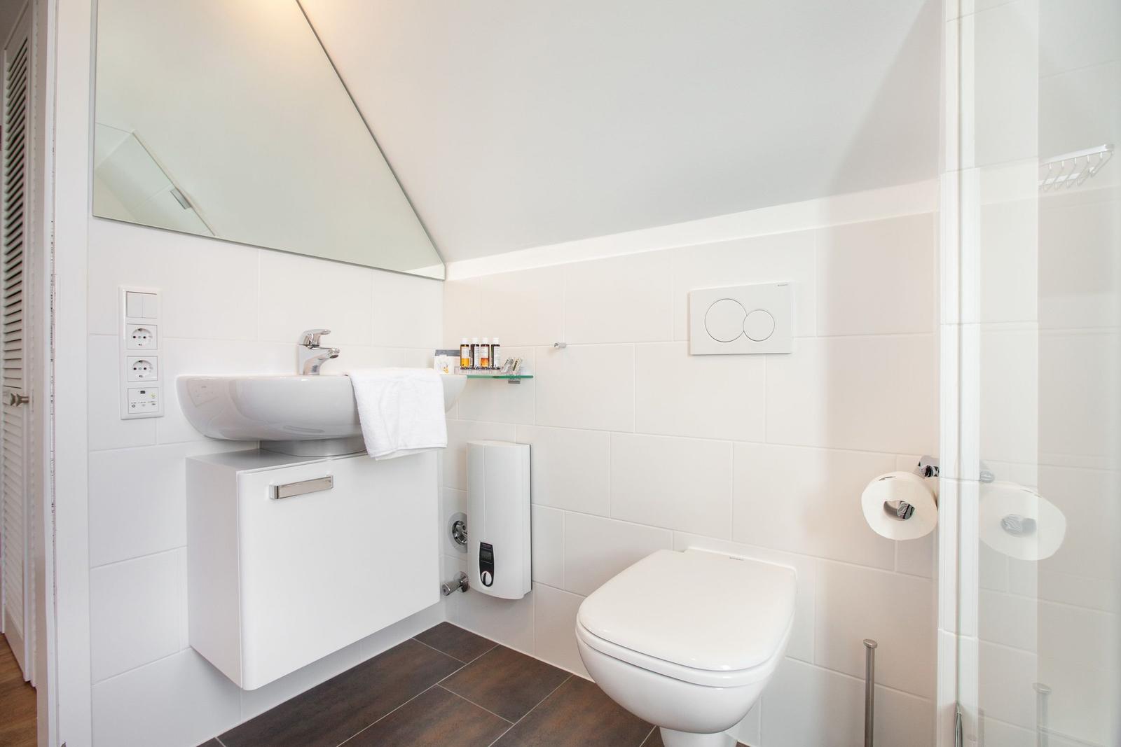 Bathroom with sink, mirror, toilet, and shower.