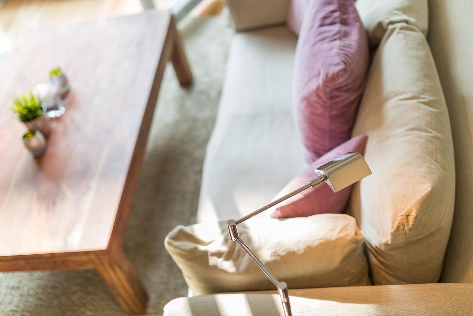 Sofa with cushions and table with plants