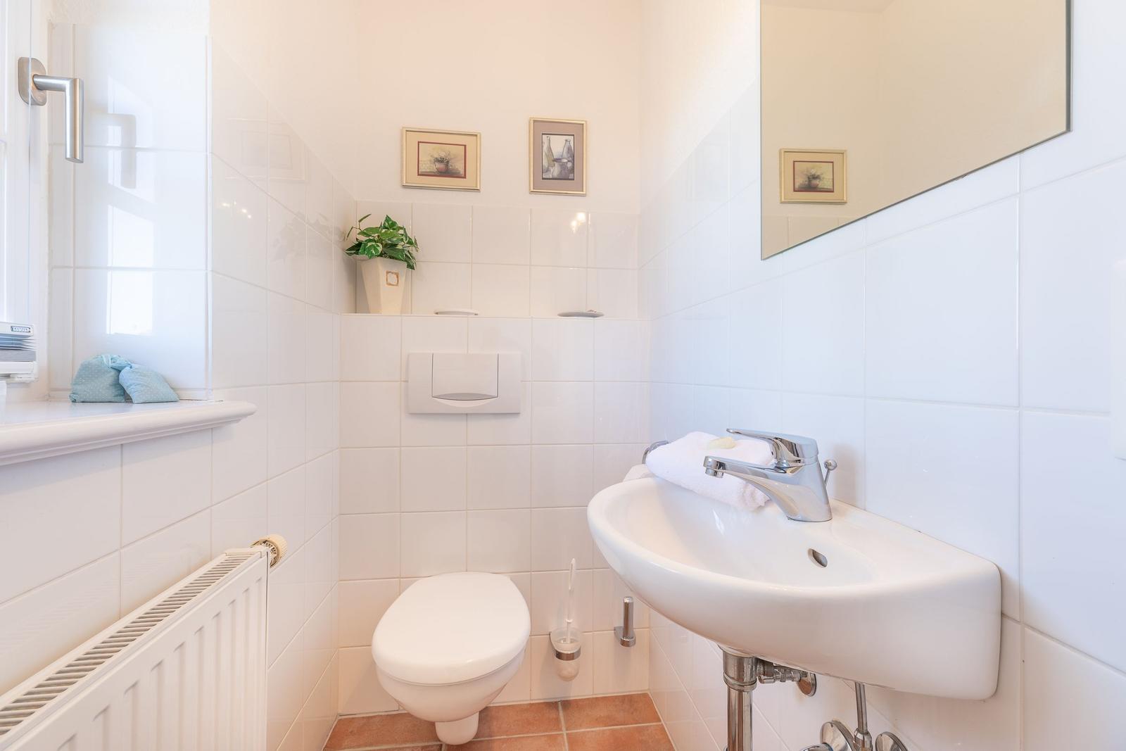 Bathroom with toilet, sink, and mirror. White tiles and plant visible.