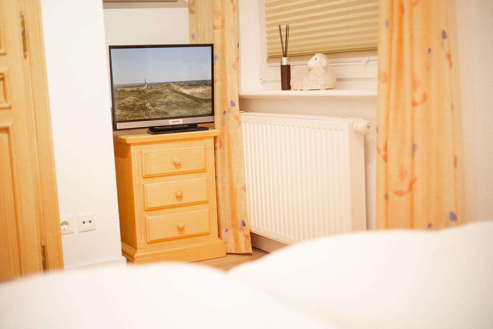 Bedroom with TV on wooden dresser, window with curtains and radiator.