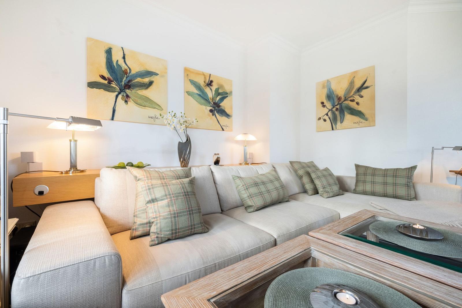 Living room with sofa, cushions, and wall art