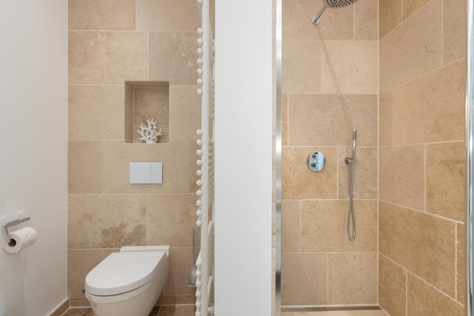 Bathroom with shower, toilet, and built-in niche with coral object.