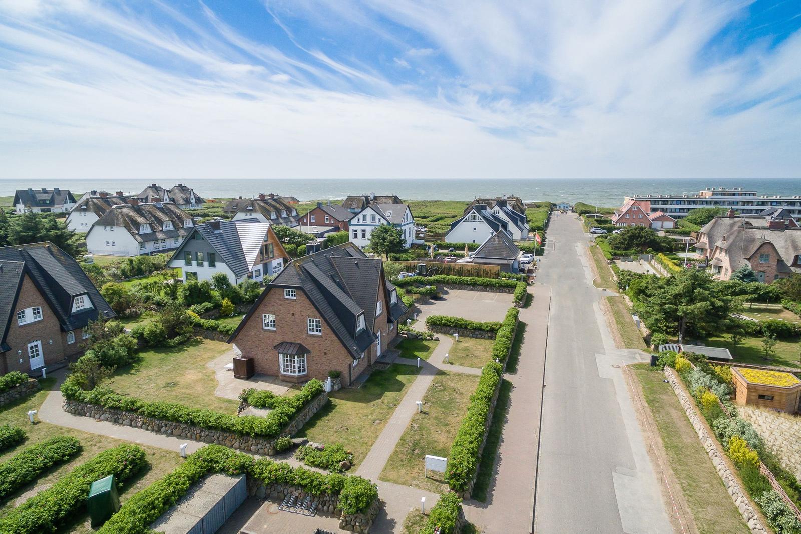 Coastal village with houses and ocean view