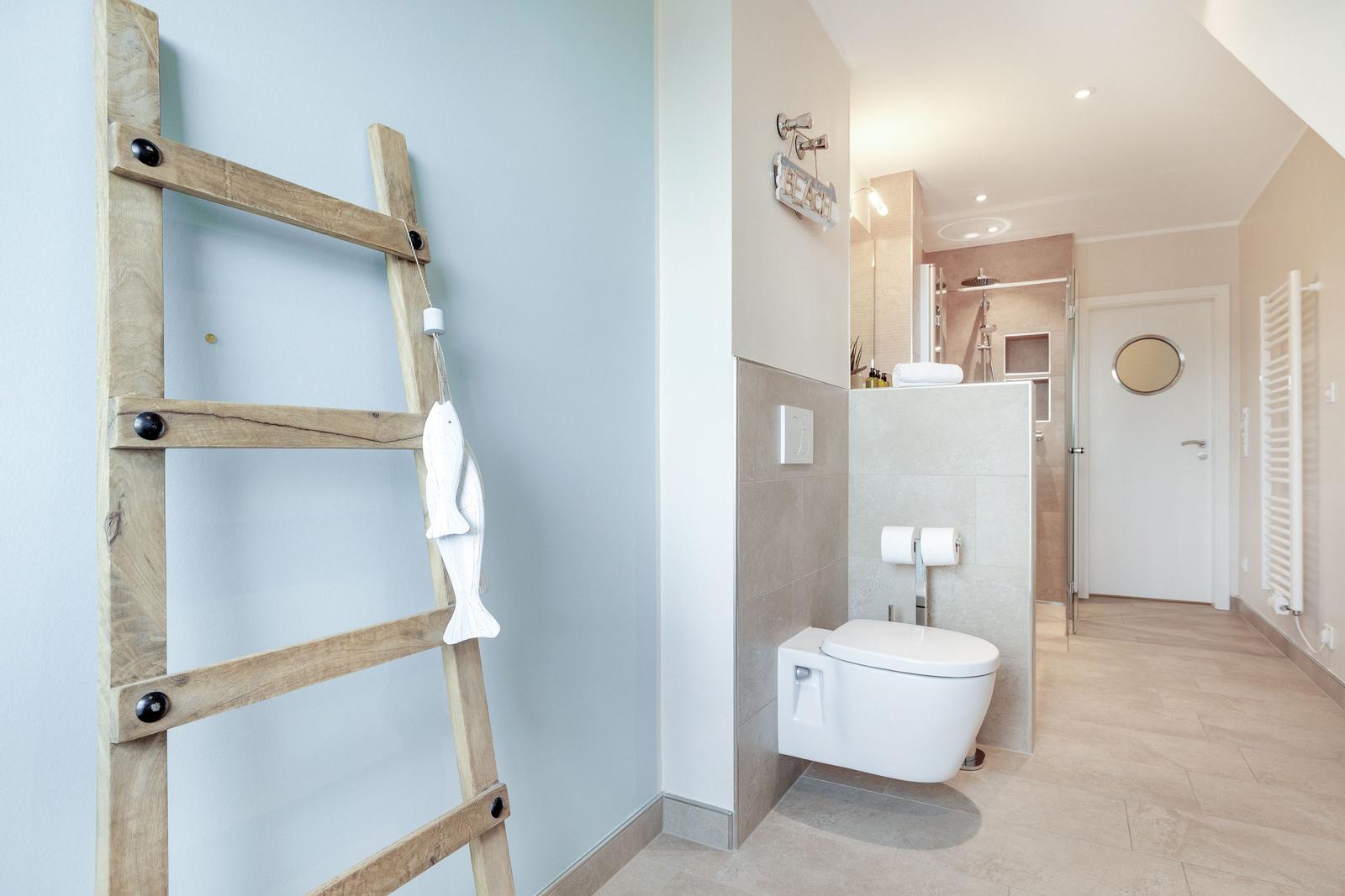 Bathroom with toilet, shower, and wooden ladder on the wall.