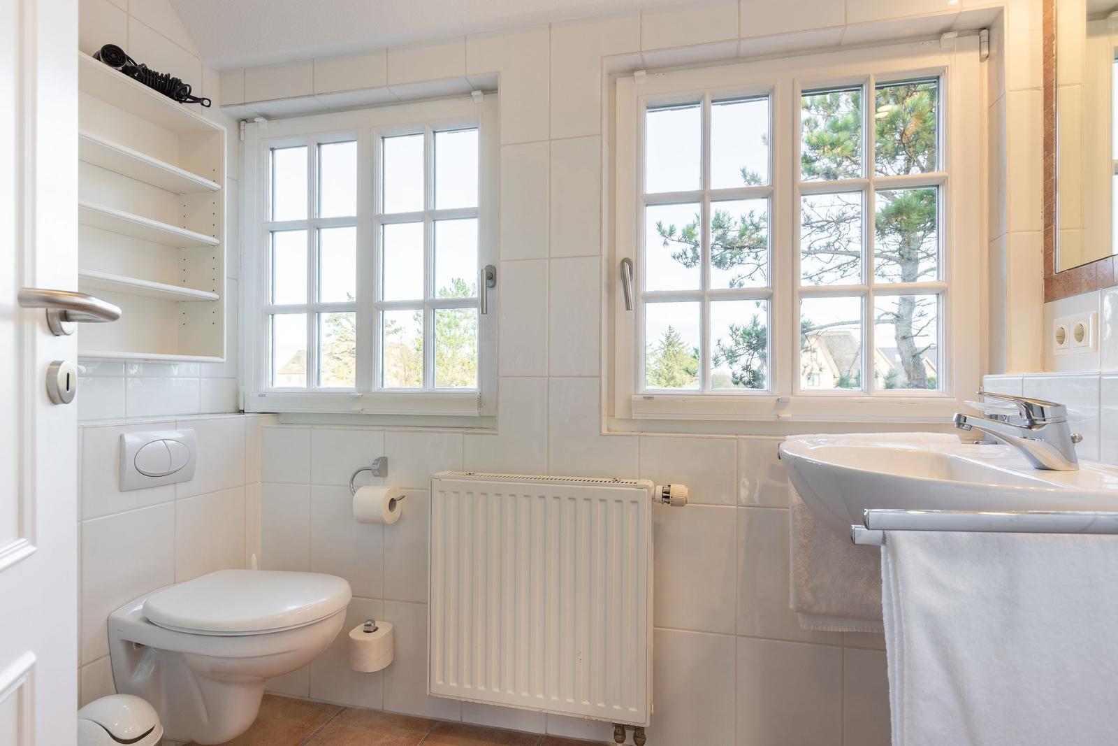 Bathroom with toilet, sink, and two windows.