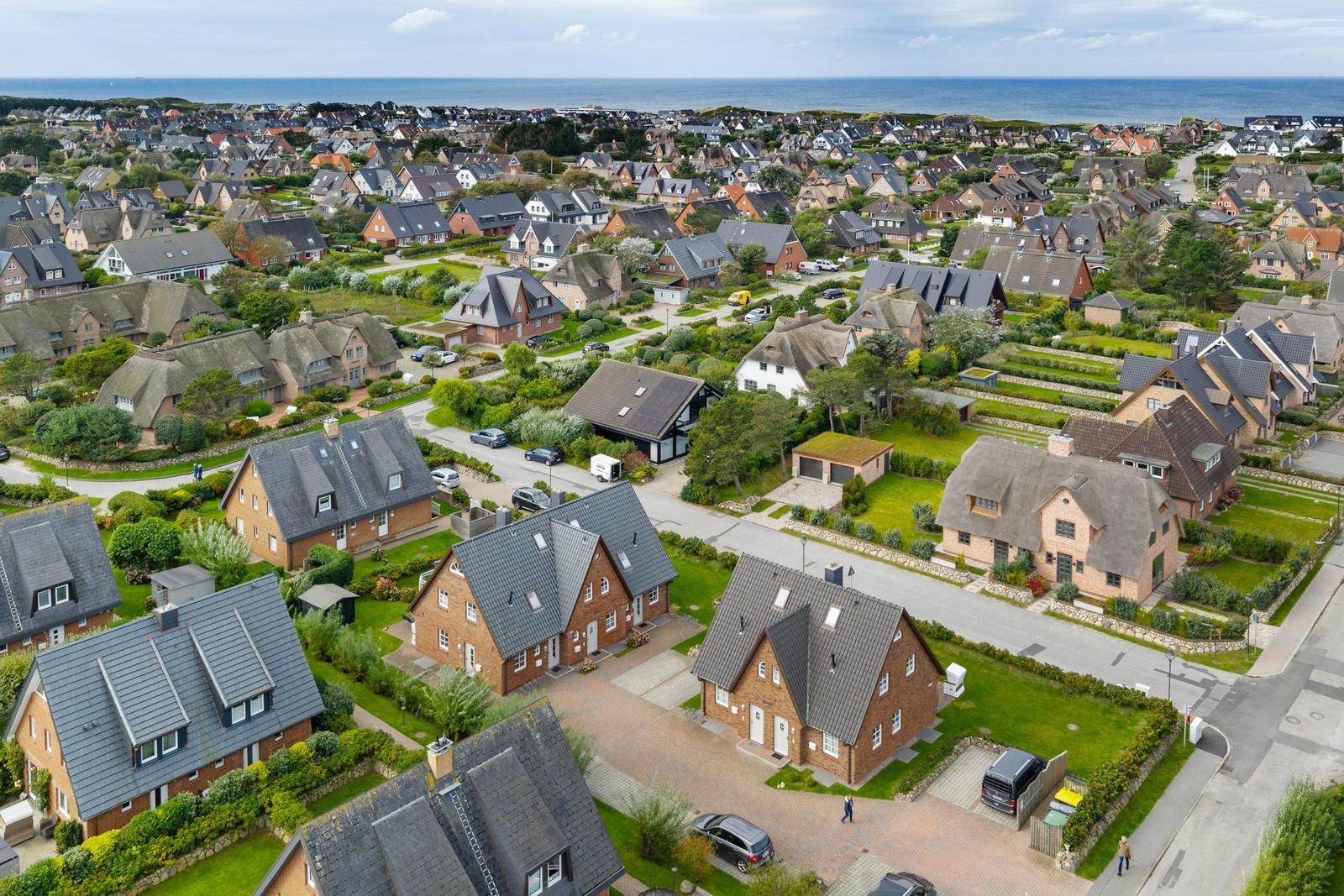 Aerial view of houses with green areas and sea view