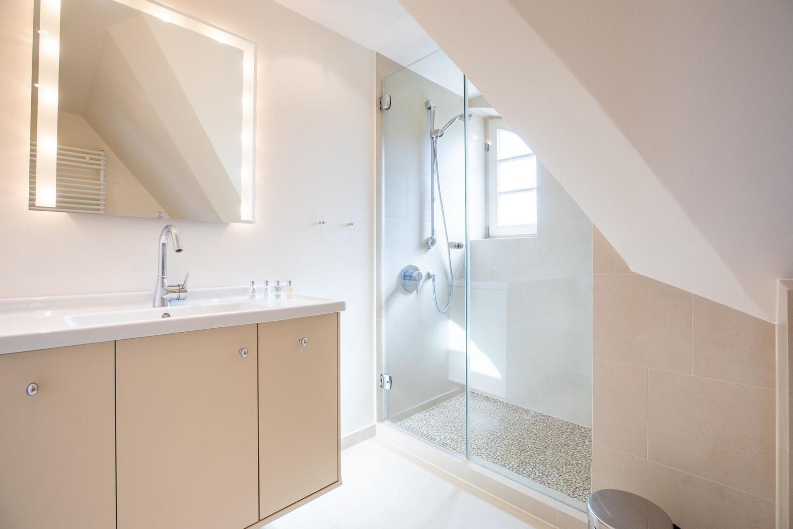 Bathroom with shower, sink, and mirror under sloped ceilings.