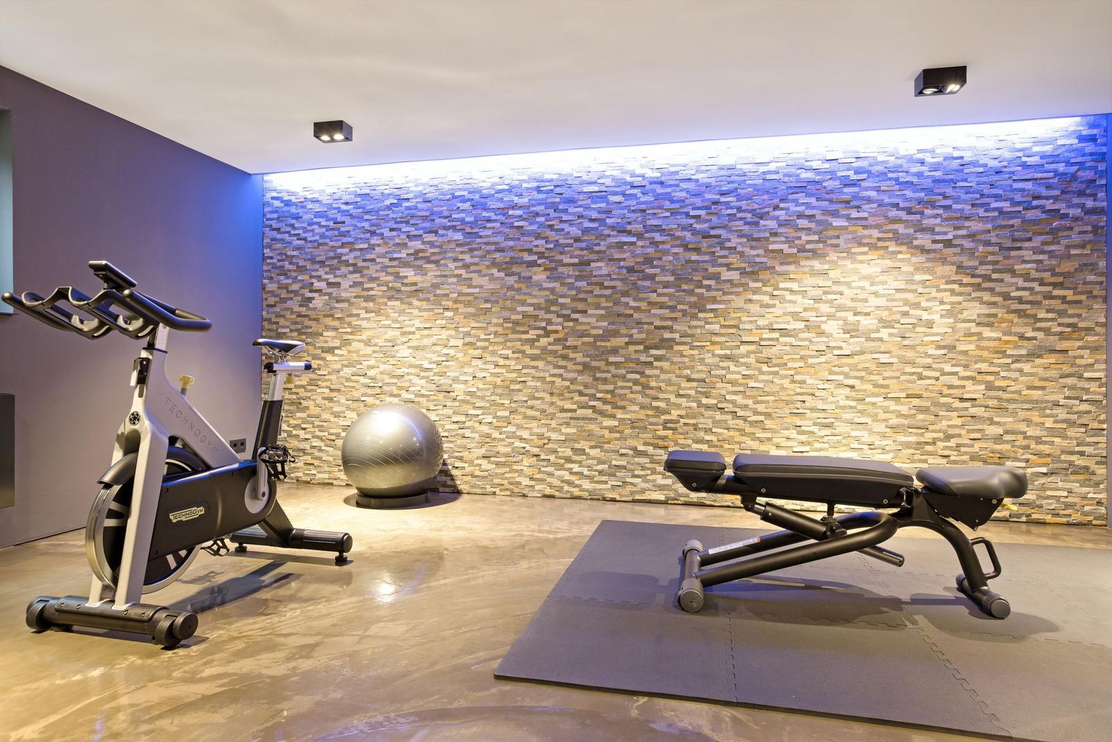 Fitnessraum mit Fahrradtrainer, Gymnastikball und Liegestuhl vor Steinwand