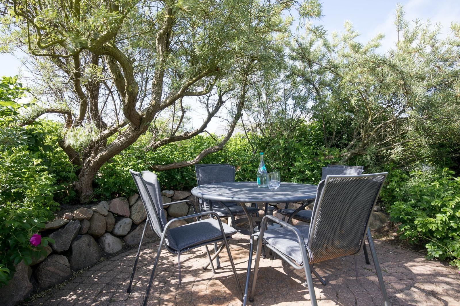 Garden with table and chairs under trees