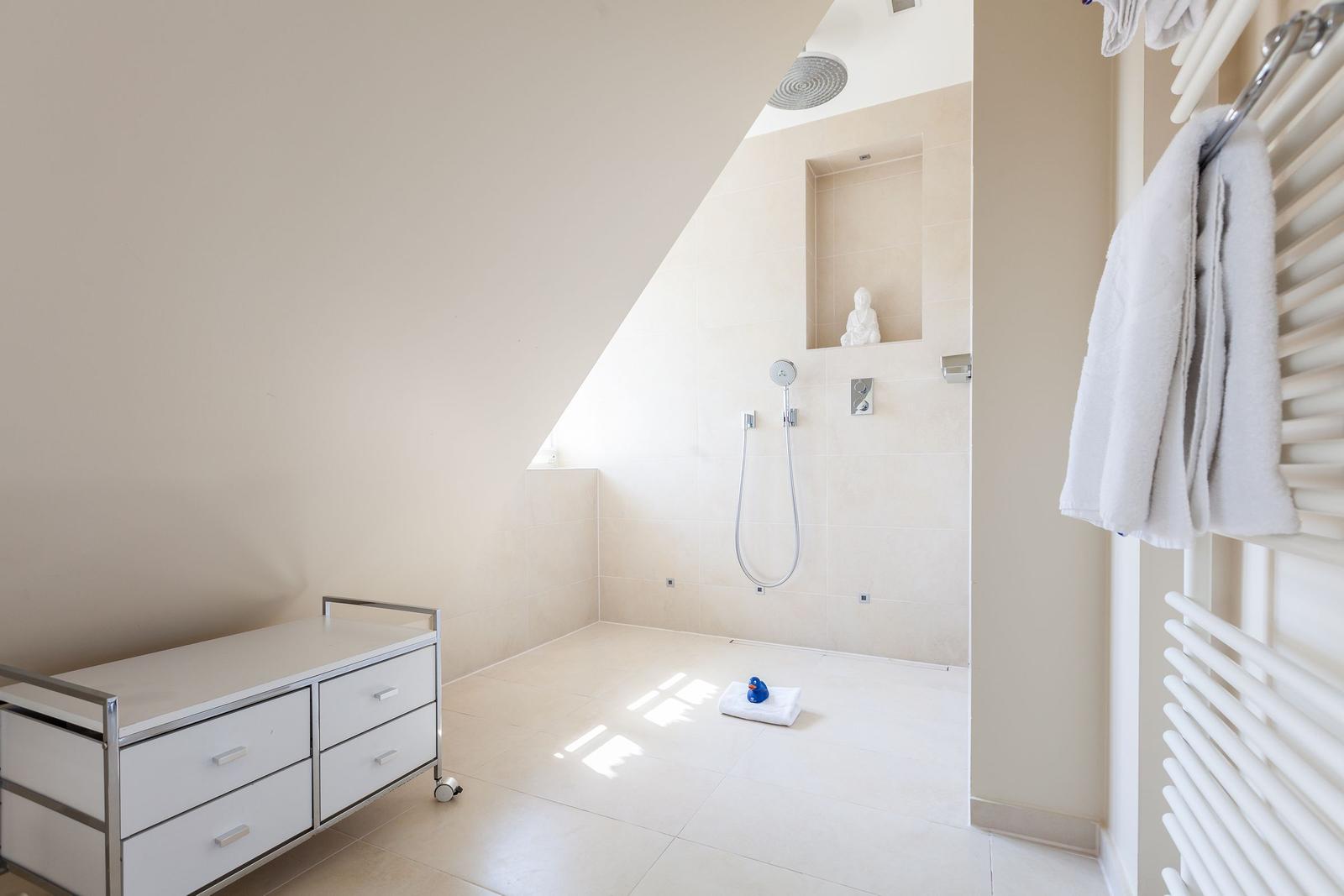 Shower with skylight and sink in bathroom
