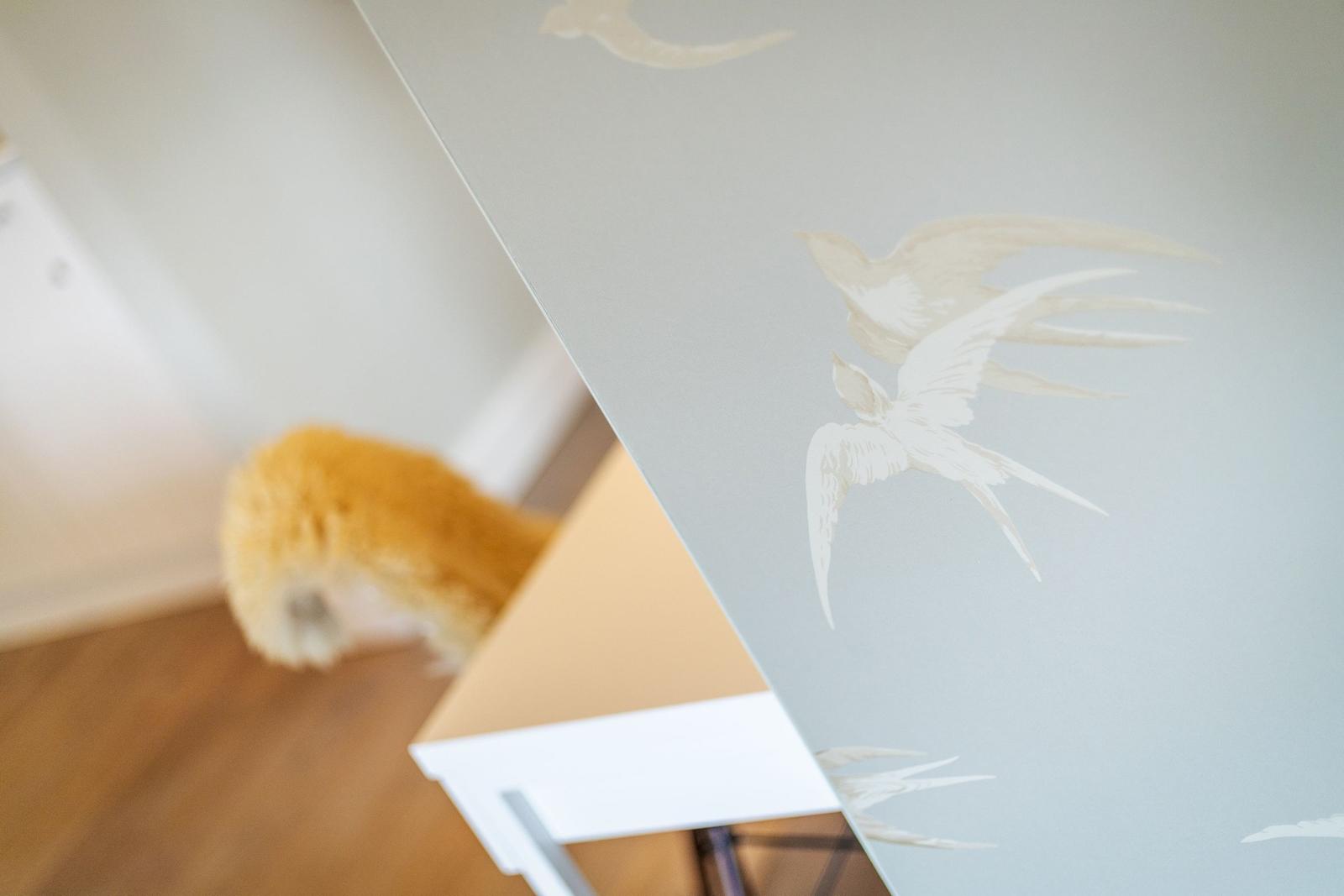 Wall with bird motifs and wooden floor in the background.