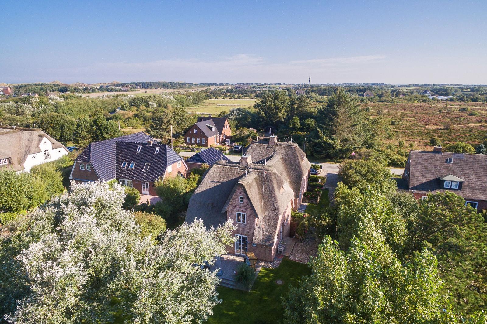 Village with thatched houses and green landscape in the background.