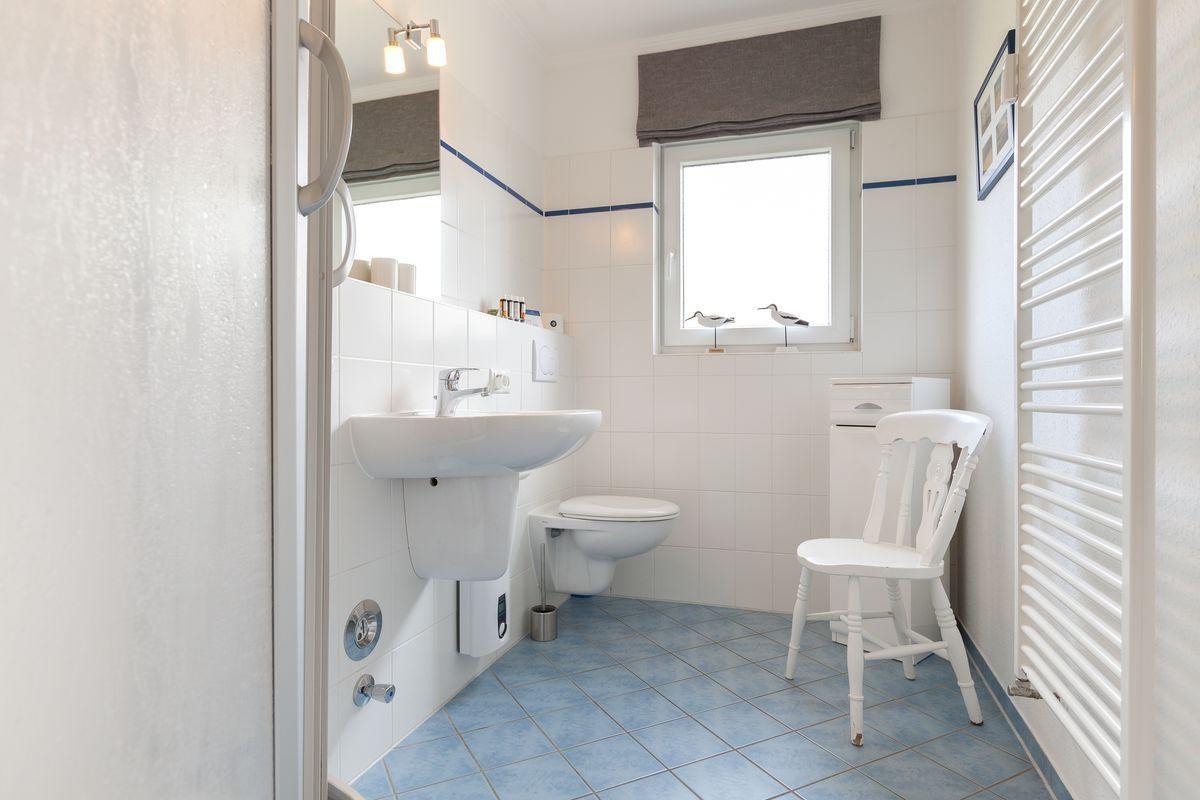 Bathroom with sink, toilet, and window with bird figurines.