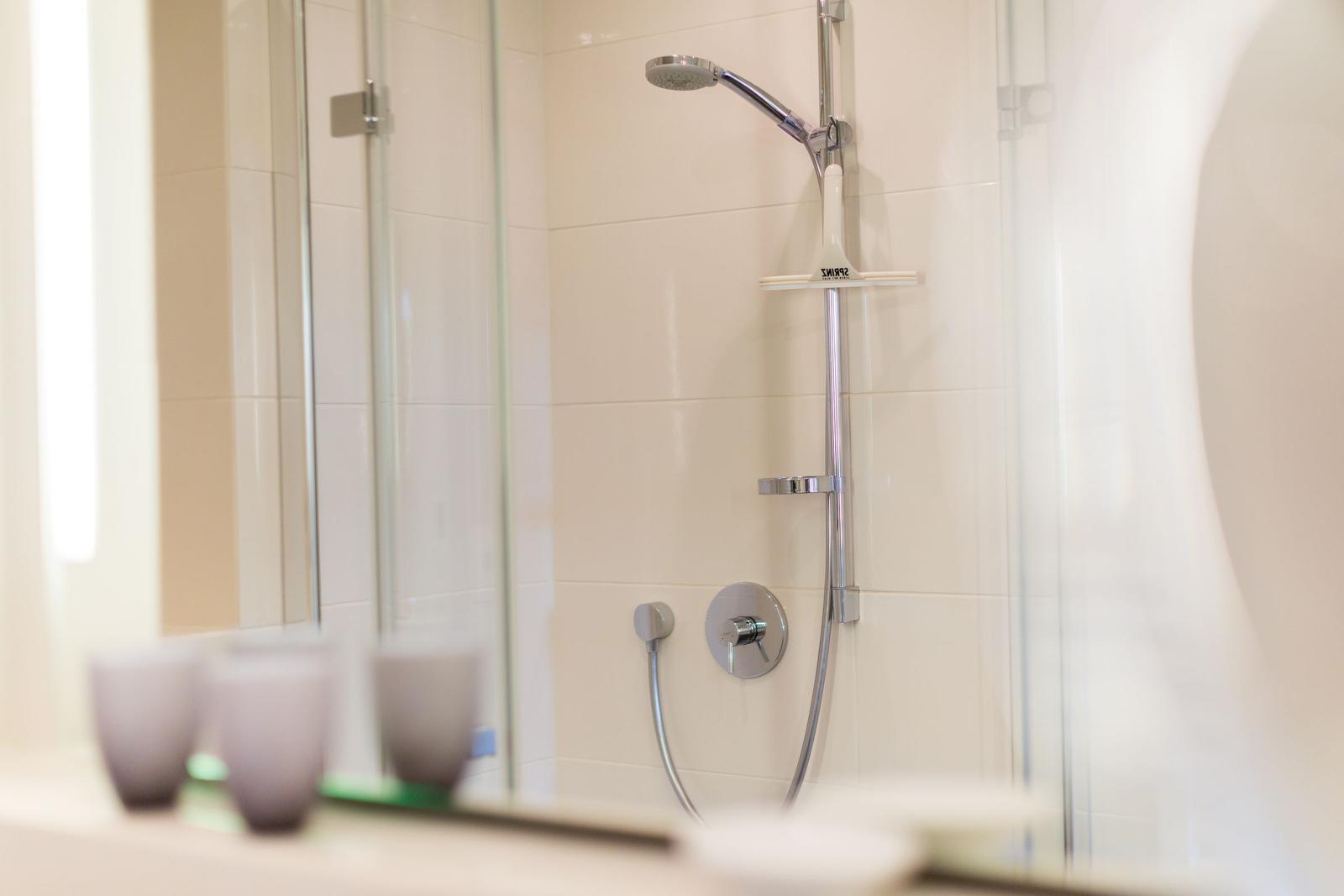 Dusche mit Glaswand und Duschbrause in weißer Wand