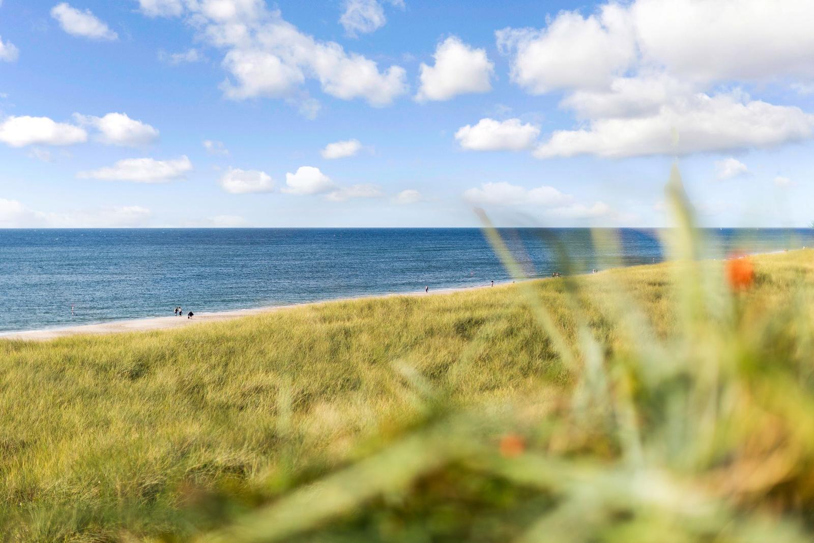 Strand mit Dünen und blauem Meer unter einem wolkenverzierten Himmel.