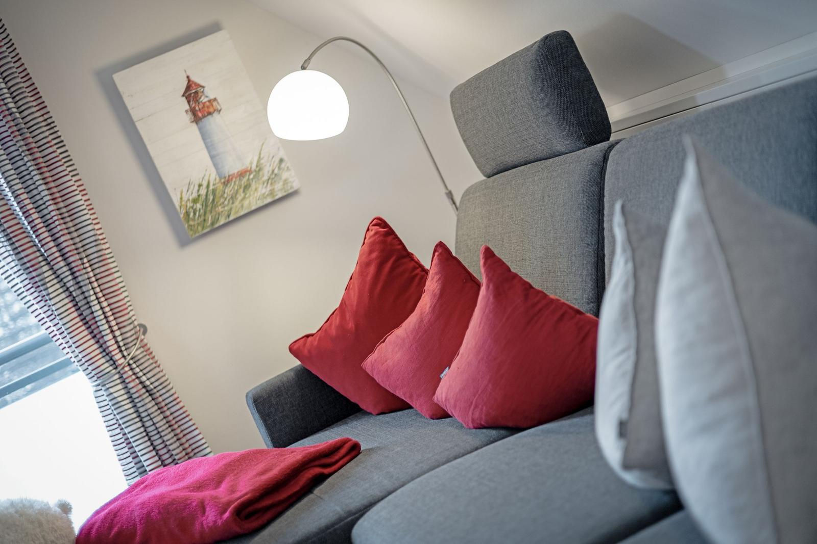 Grauer Sofa mit roten Kissen und einer Stehlampe im Hintergrund.