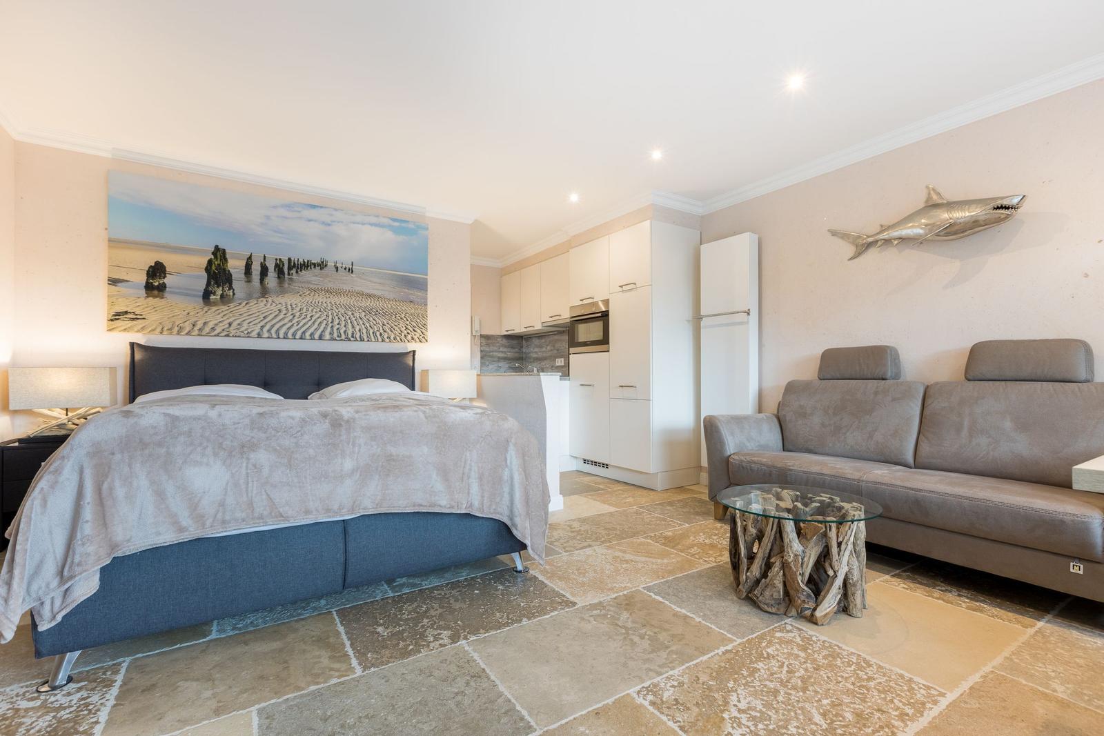 Bedroom with bed, sofa, and kitchen area. Wall art and shark decoration.