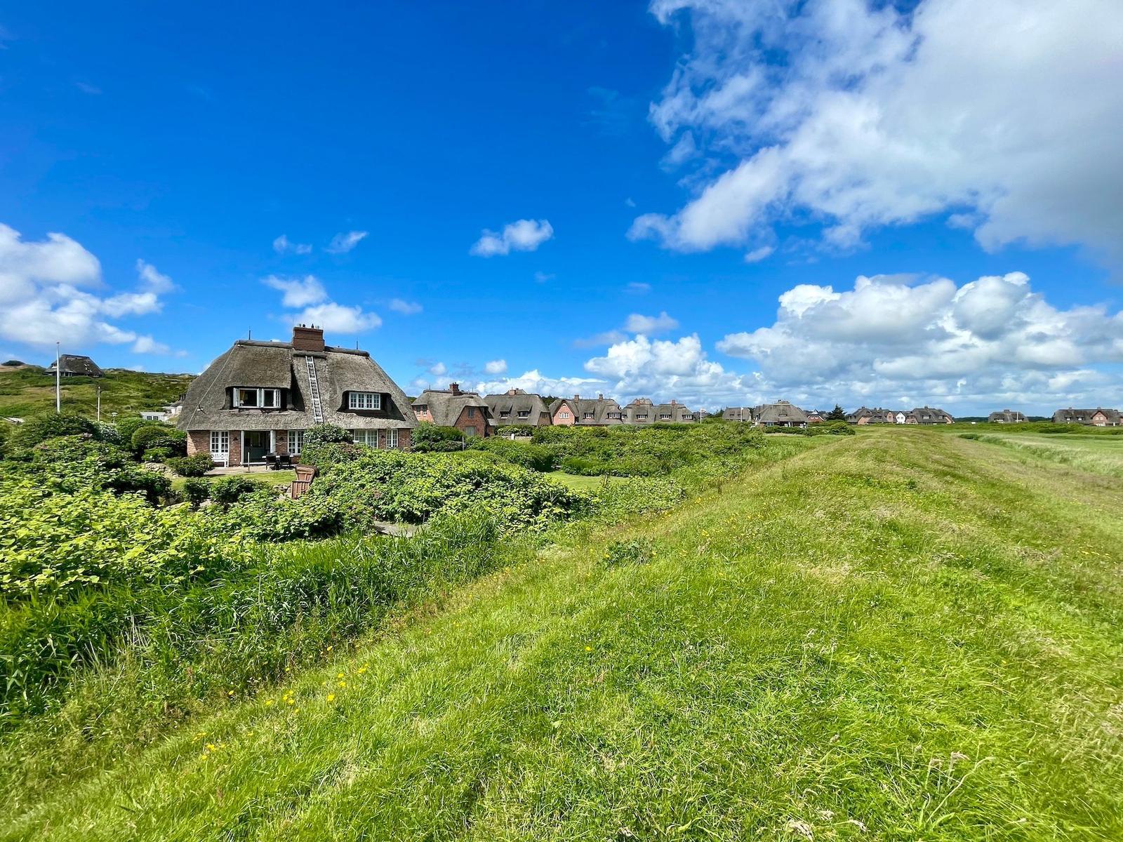 Dorf mit Strohdächern und grünen Wiesen unter blauem Himmel.