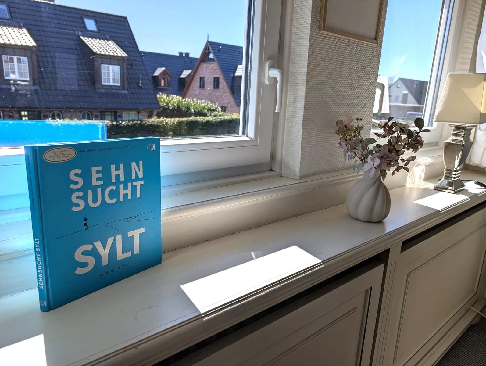 Ein Buch und Blumen auf dem Fensterbrett mit Blick auf Häuser.