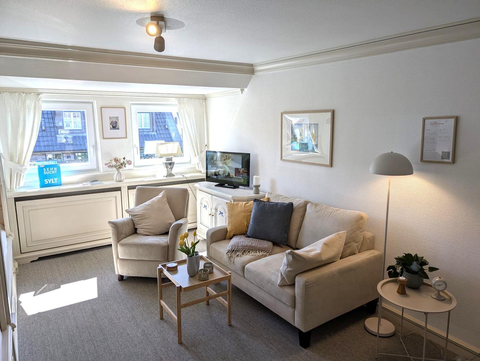 Wohnzimmer mit Sofa, Sessel und TV. Fenster mit Blick auf Dach. 