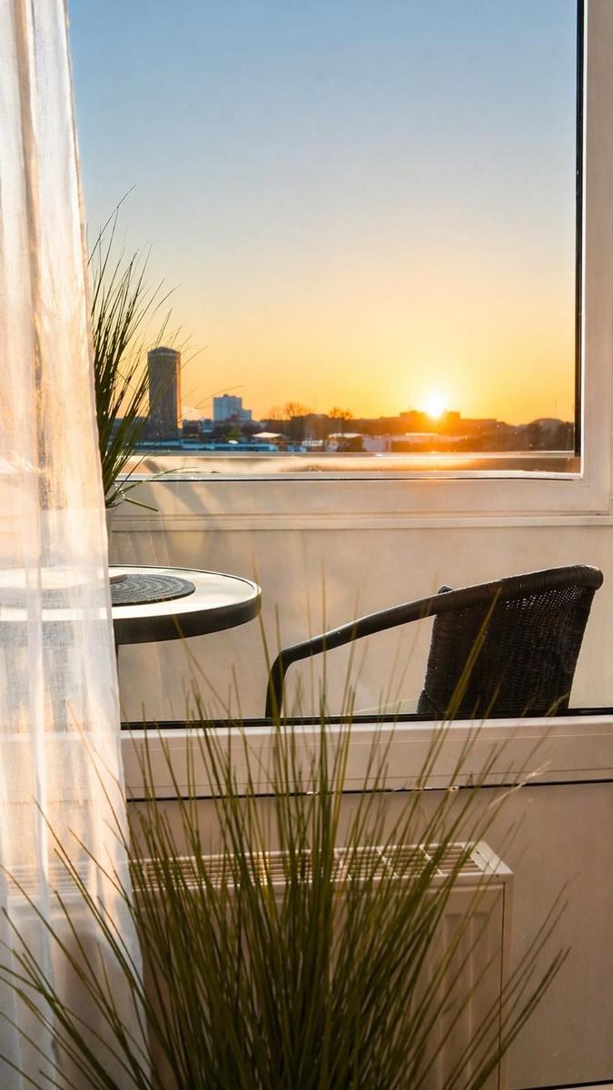 Den Sonnenuntergang neben dem Wasserturm direkt vom Sofa genießen. 
Heimathafen mit Weitblick.