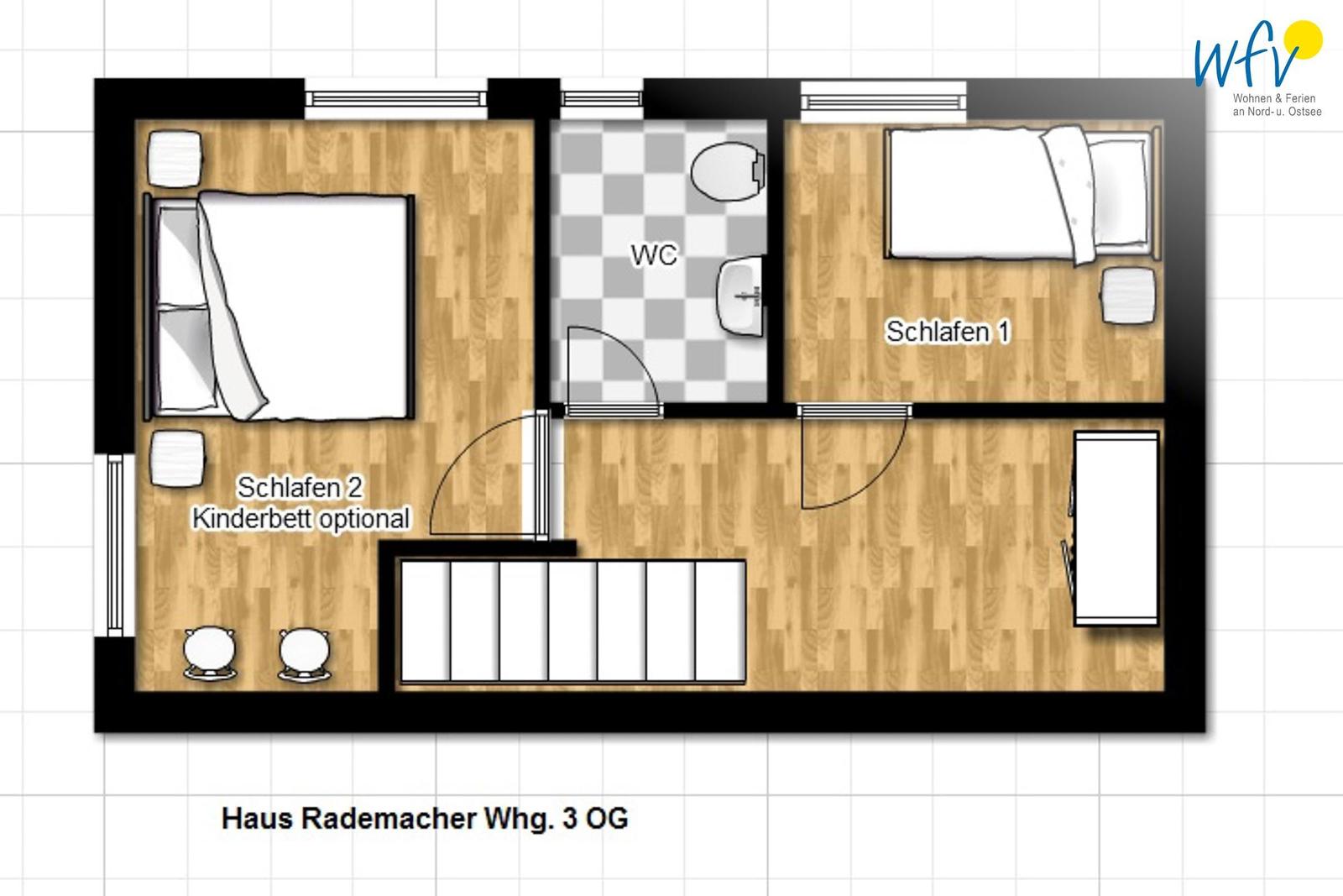 Zweibettzimmer mit WC, optional Kinderbett und Treppenhaus