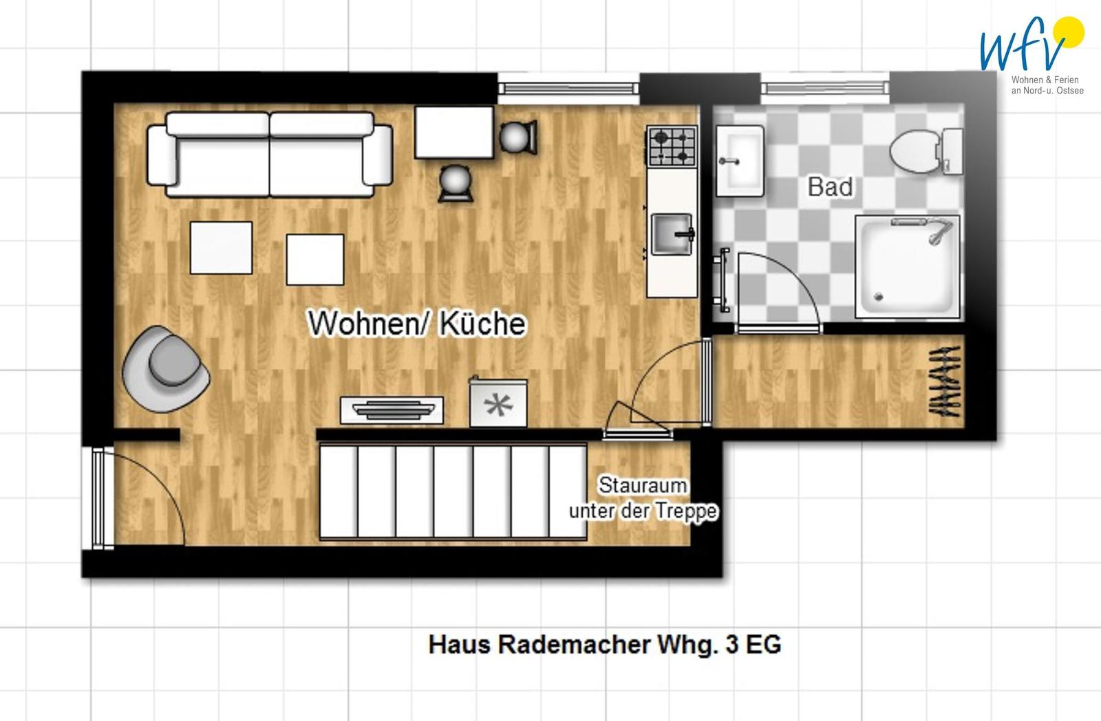 Wohnen und Küche mit Bad und Stauraum unter der Treppe.