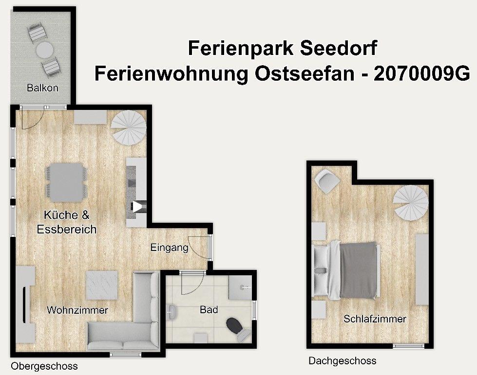 Ferienwohnung mit Schlafzimmer, Wohnzimmer, Küche und Bad. Dachgeschoss mit Balkon.