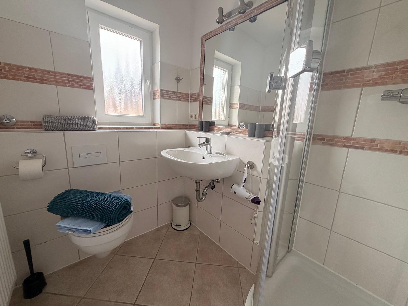 Badezimmer mit Dusche, Waschbecken und Toilette. Fenster mit Rollladen.