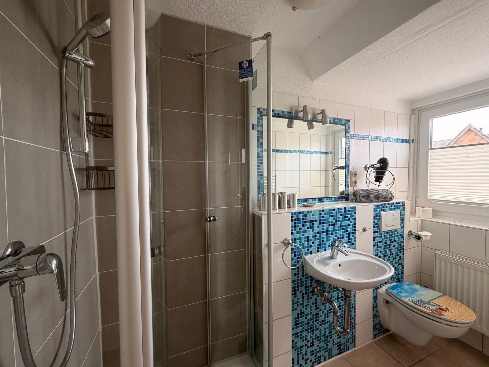 Badezimmer mit Dusche, Waschbecken und Toilette. Wandfliesen in Blau und Grau.
