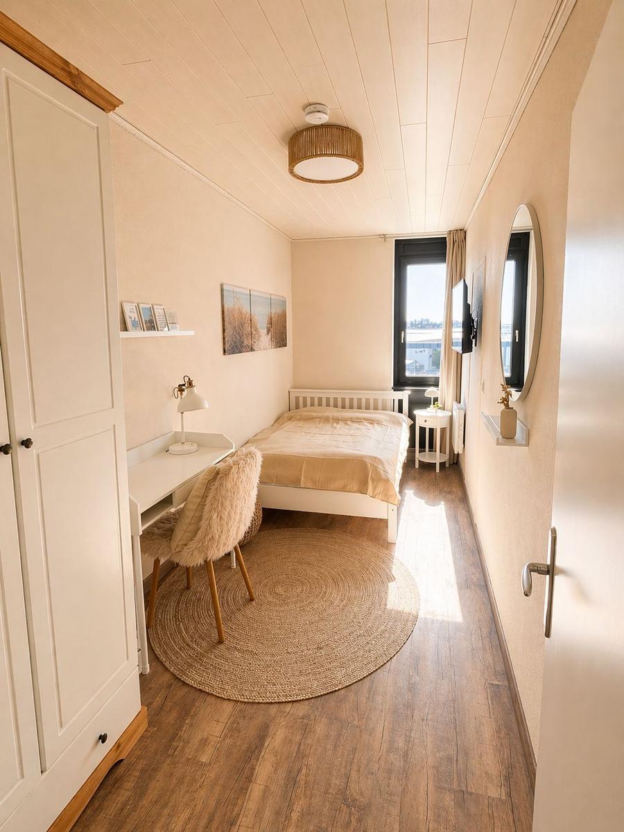 Arbeitsplatz und Bett im Schlafzimmer