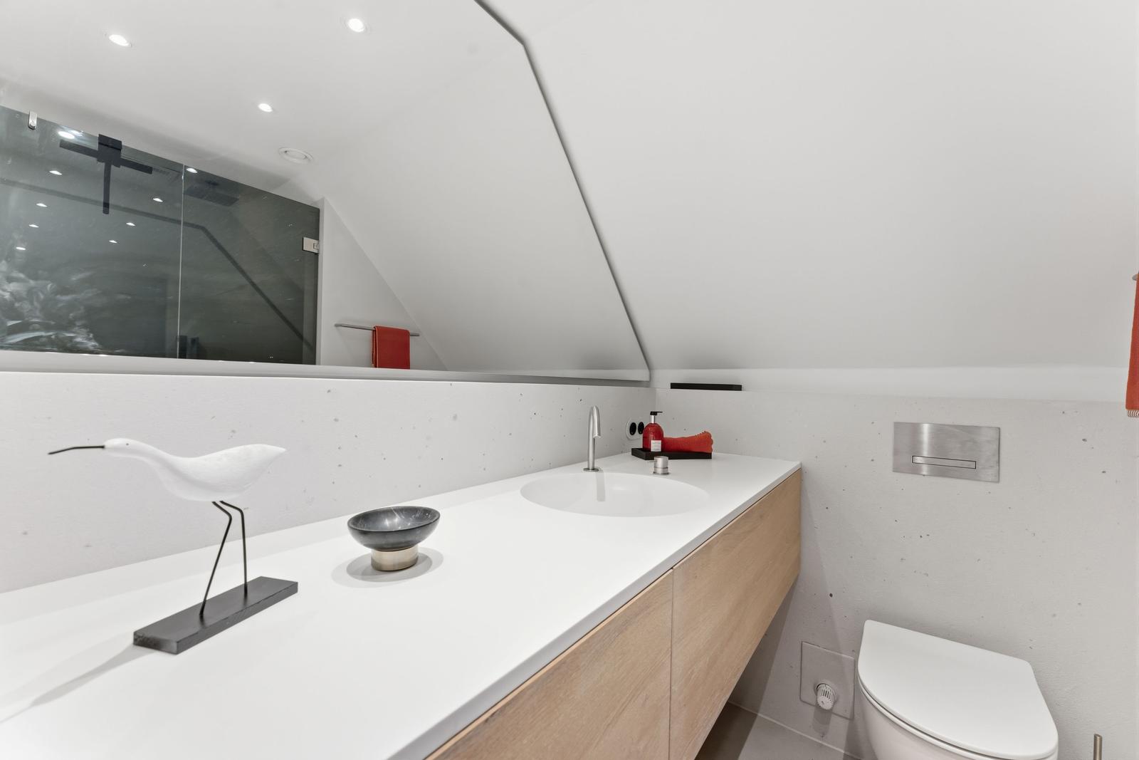 Moderne Dusche mit Glaswand, Waschbecken und Toilette unter schrägem Dach