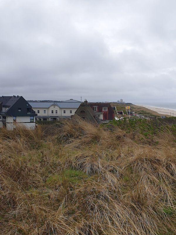 Dorfhaus mit Strand im Hintergrund, umgeben von Dünen und hohem Gras.