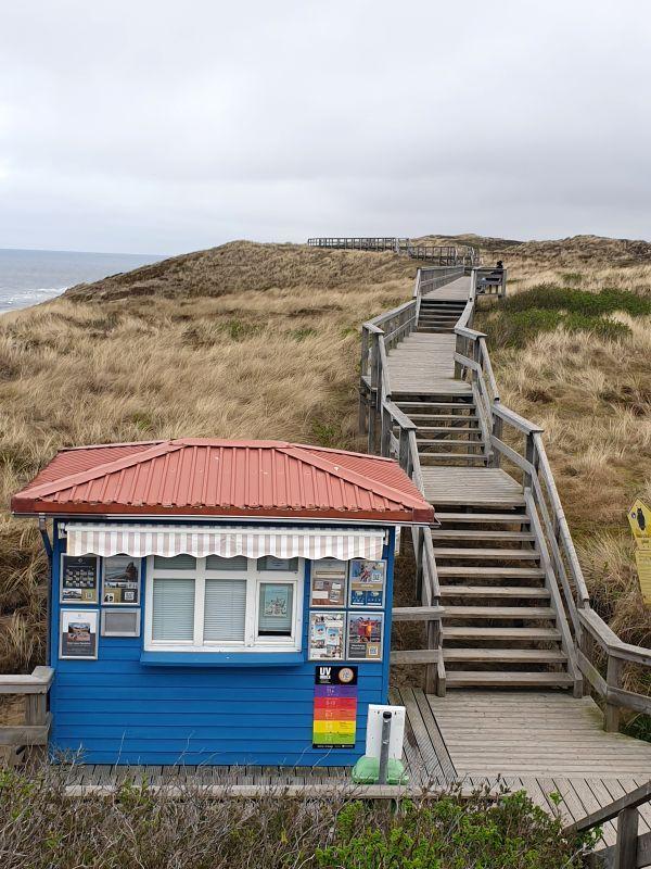 Blauer Strandkiosk mit rotem Dach und Holzsteg zur Dünenlandschaft.