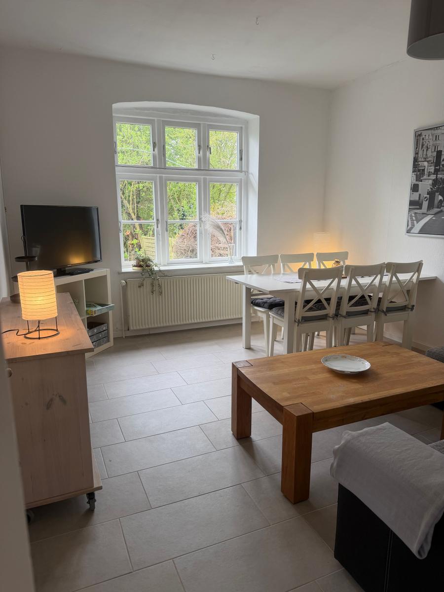 Wohn- und Essbereich mit Holztisch, TV und Fenster zum Garten.