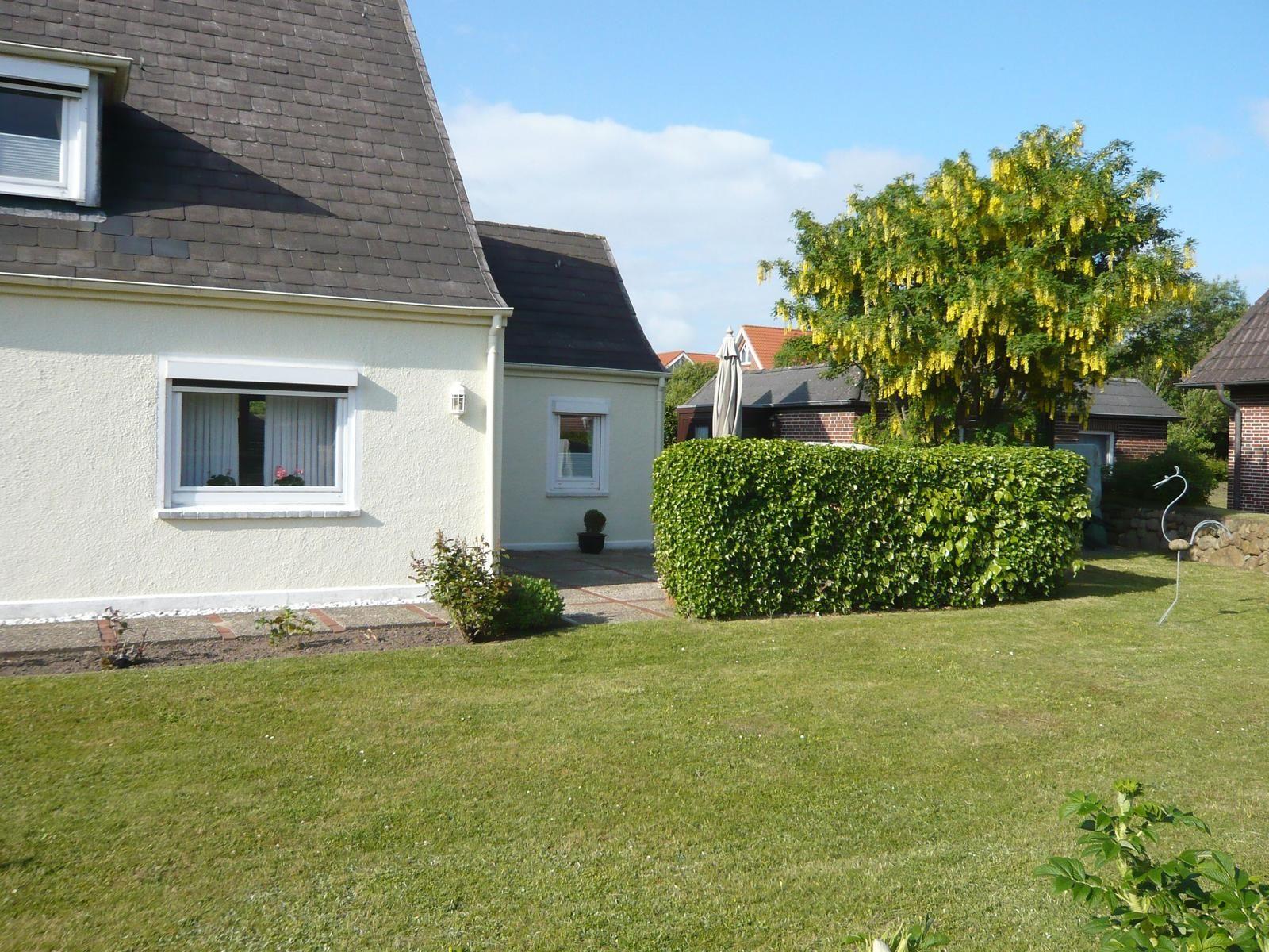 House with garden, green lawn, and flowering tree