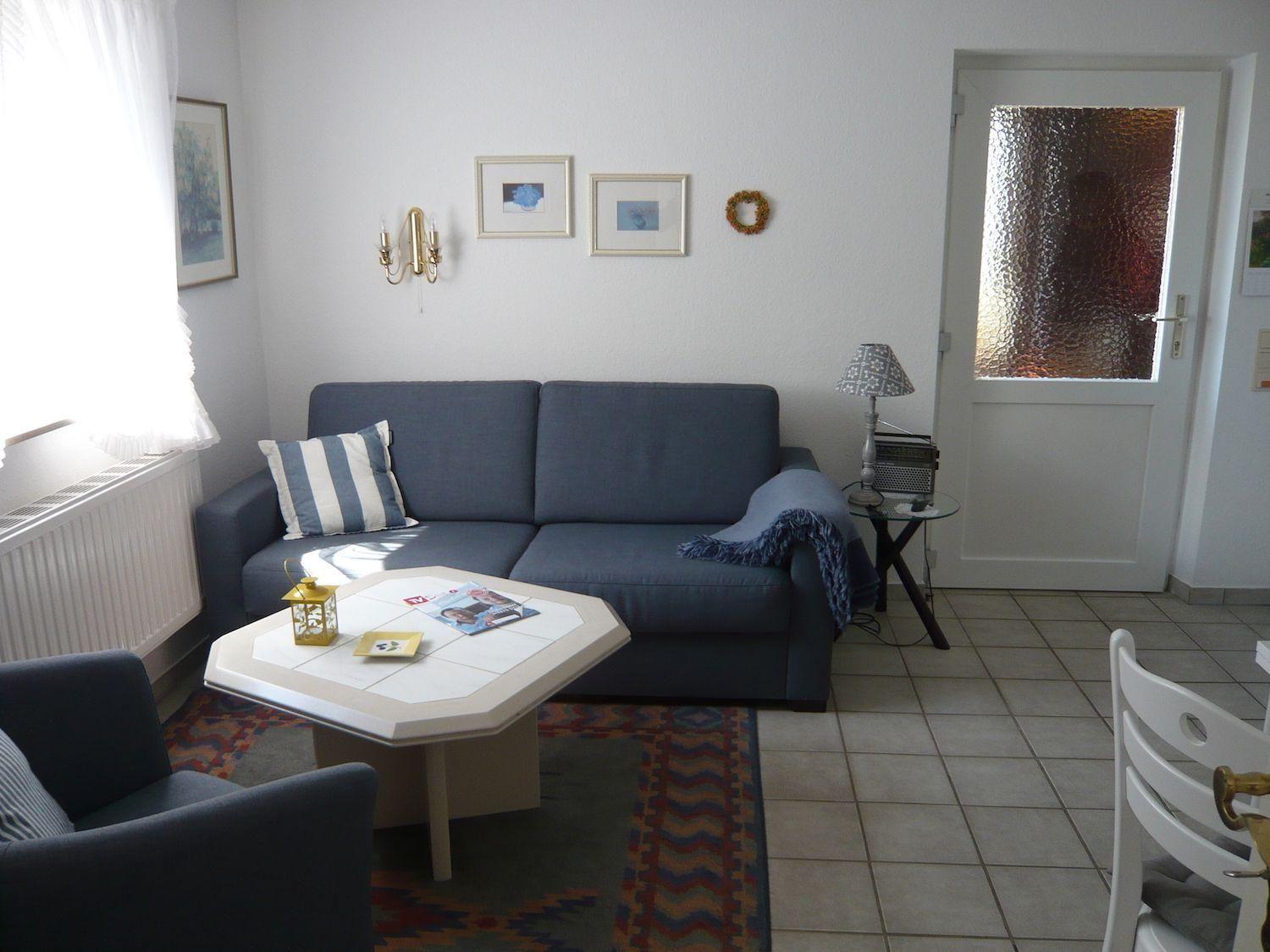 Living room with sofa, table, and rug. Door with tinted glass.