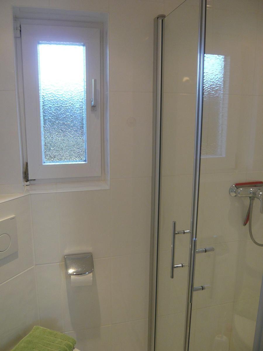 Shower area with glass enclosure, toilet paper holder, and small window with tinted glass.