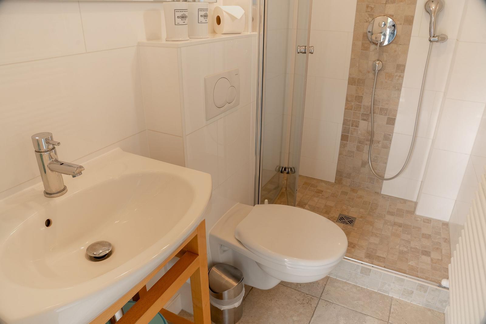 Badezimmer mit Dusche, Toilette und Waschbecken auf Holzgestell.