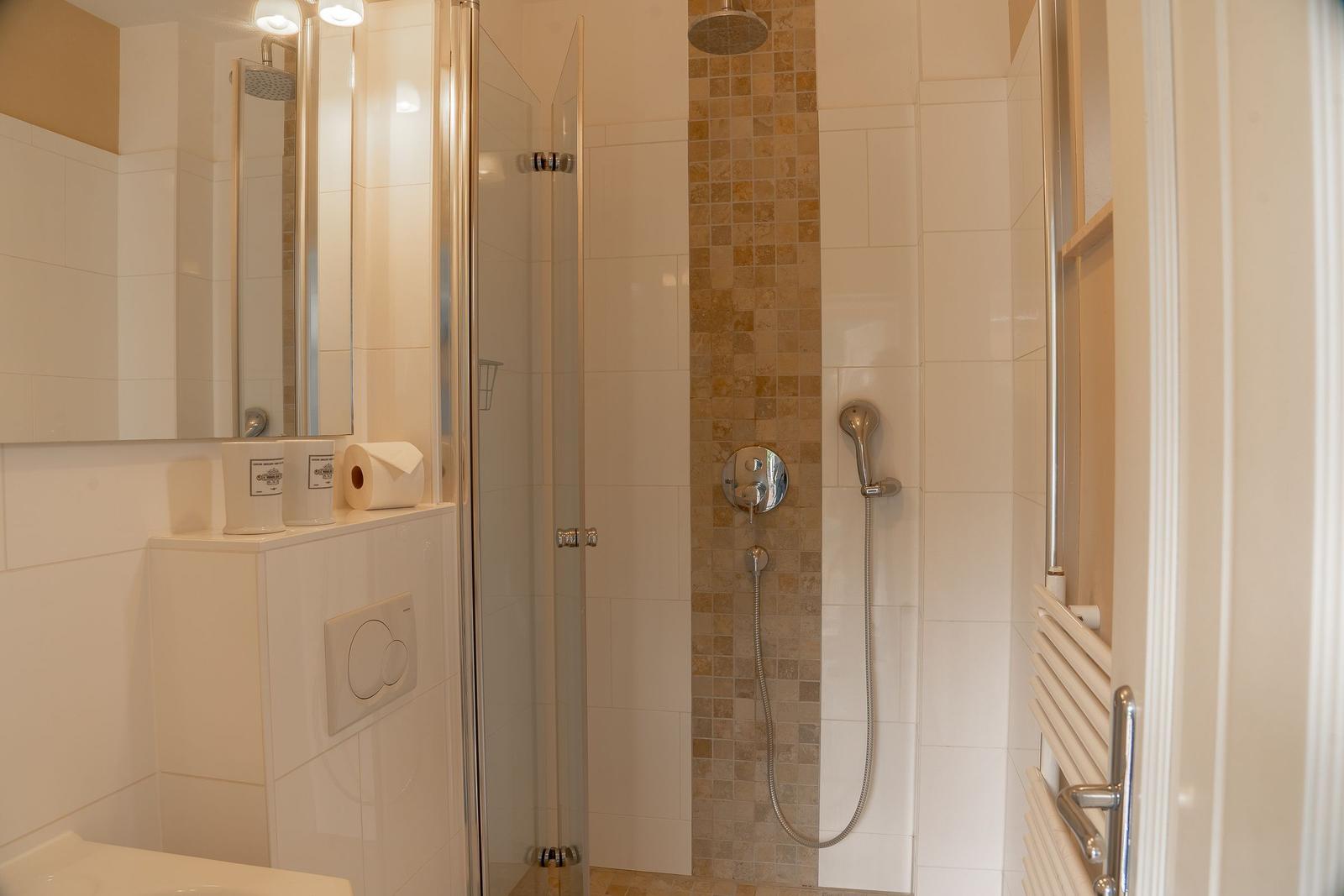 Dusche mit Glaswand, Duschbrause und Handbrause. Spiegel, Toilette und Heizkörper sichtbar.