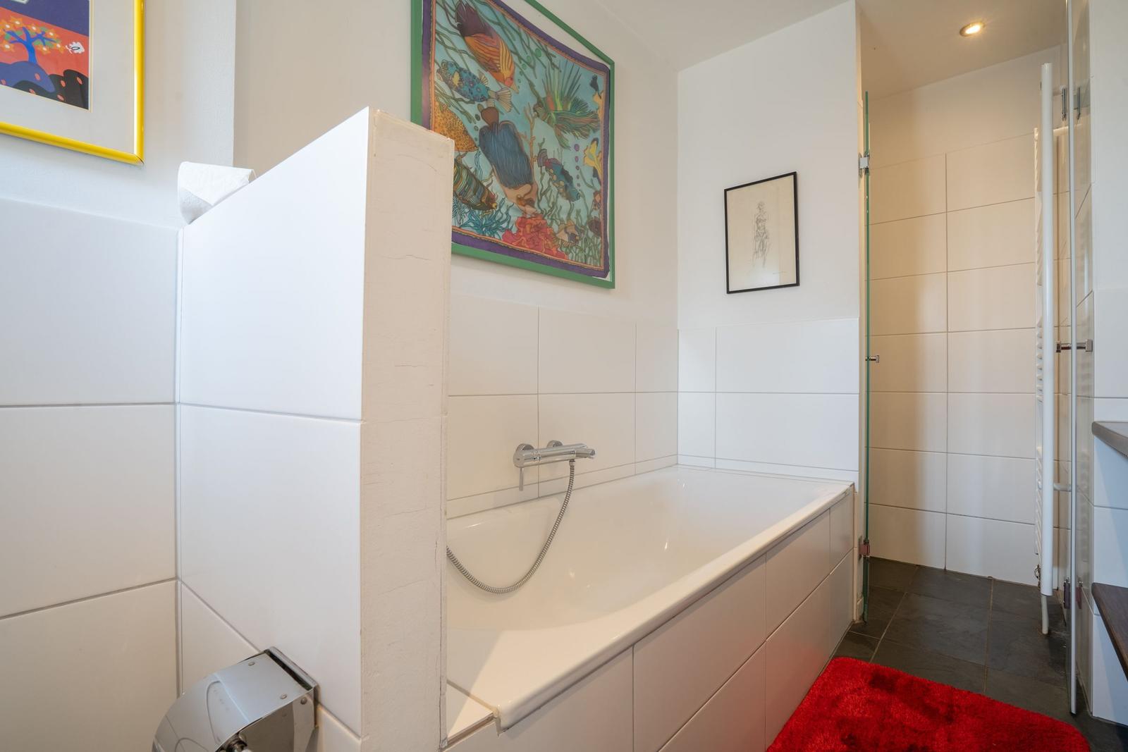Bath with bathtub, wall art, and red rug
