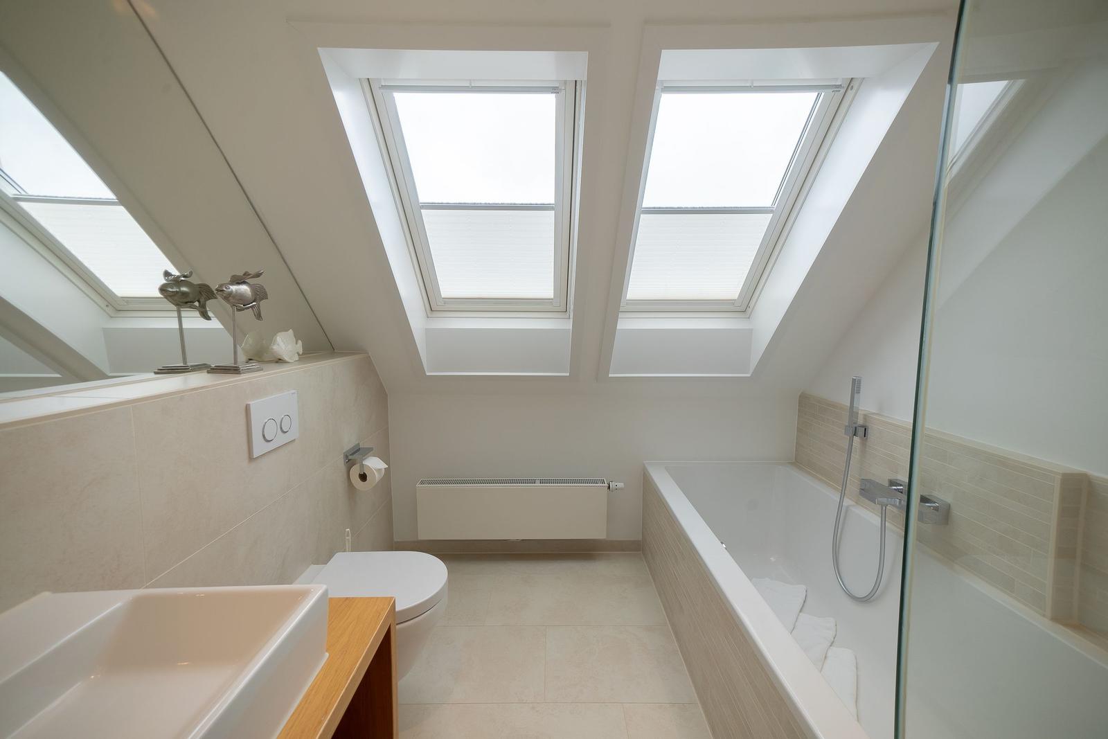 Badezimmer mit Dachfenstern, Badewanne und Toilette.