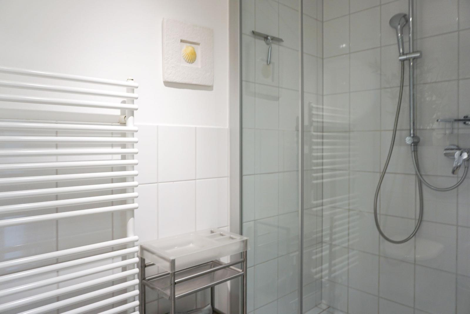 Shower with glass enclosure, handheld showerhead, and heater. Wall decoration with shell.