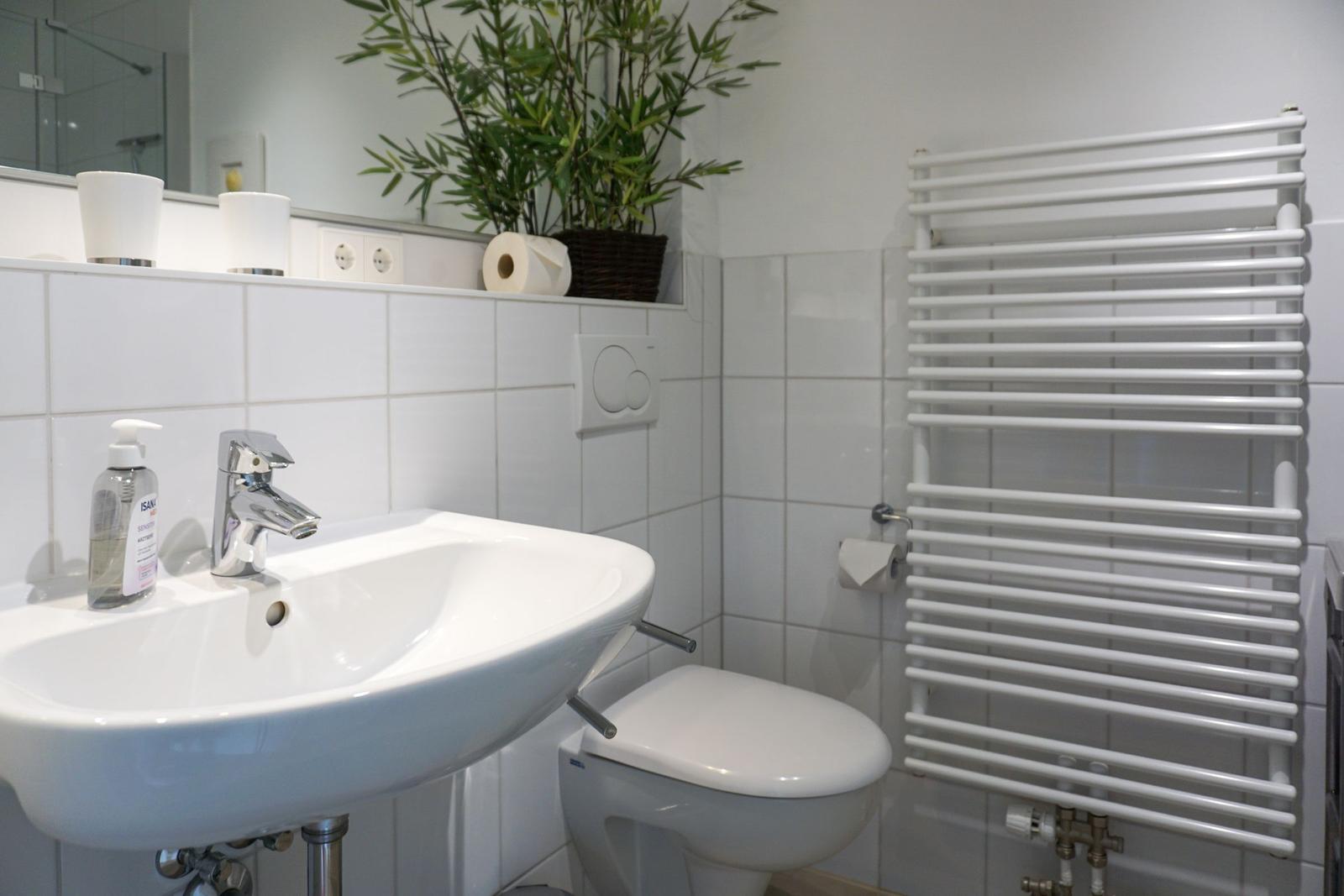 Bathroom with sink, toilet, and heater.